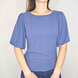 W5 Dusty Blue Ribbed Women's Balloon Sleeve Top Size Small
